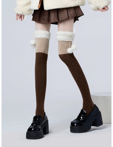 Chaussettes en peluche à revers Khaki&Brown/Gris&Noir avec pompon