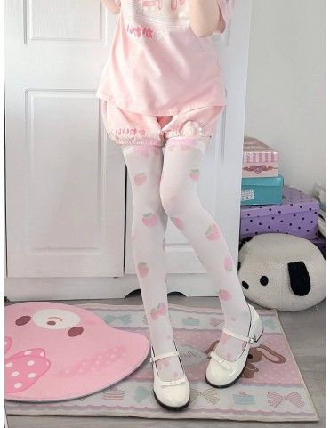 Chaussettes montantes rose à imprimé fraises