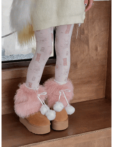 Chaussettes montantes en peluche rose/café avec pompons