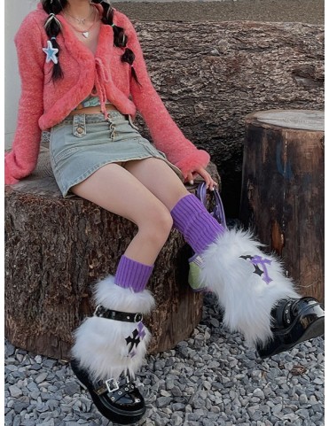 Jambières fausse fourrure Croix Blanche + Jambières tricotées violette