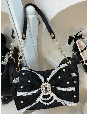 Sac bandoulière noir satiné avec nœud décoré de perles et strass - Sty