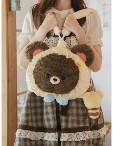 Sac à dos en peluche ours marron et beige avec détails en dentelle