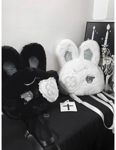 Sac à dos peluche lapin Kawaii noir / blanc avec oreilles malléables e