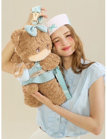 Peluche Ours Kawaii Marron et Bleu - Sac à Dos / Bandoulière