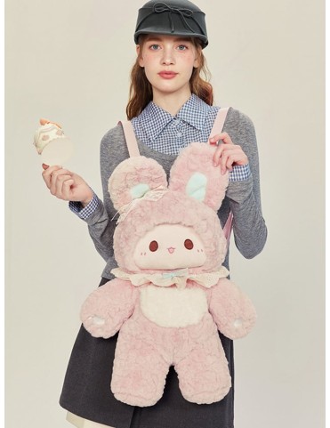 Sac à dos peluche lapin rose avec nœud et bandoulière détachable