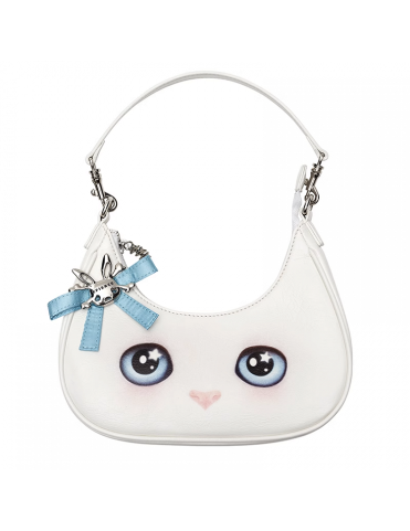 Sac fourre-tout en PU en forme de croissant, motif chat blanc