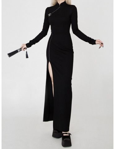 Robe Cheongsam Noire Gothique Courte avec Broche Araignée Argentée et