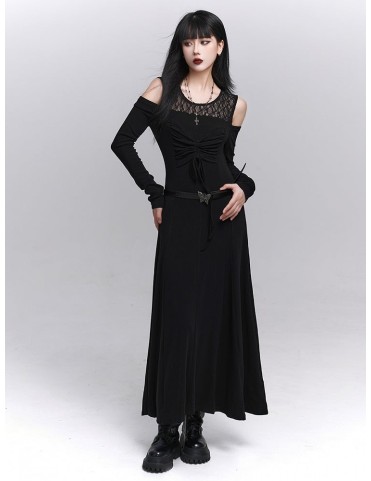 Robe gothique noire effet deux pièces avec col en dentelle