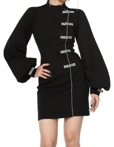 Cheongsam noire punk trapèze avec boutons réflecteurs et manches évêqu