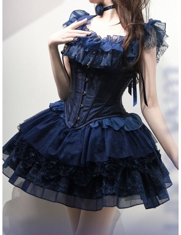 Corset satiné bleu foncé avec armatures et bretelles amovibles
