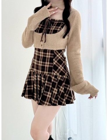 Robe-débardeur à carreaux marron avec ensemble bustier intégré - Style