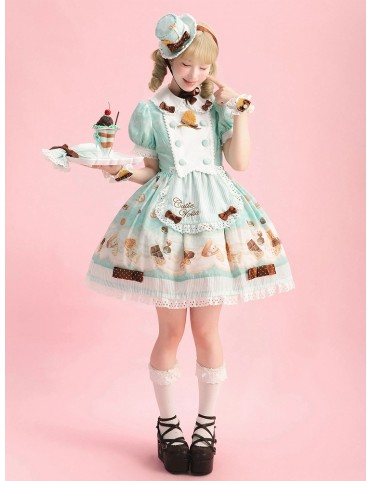 Robe Lolita Menthe à Motif Chocolat et Ours avec Tablier
