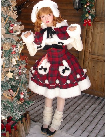 Robe à carreaux rouges Noël Lolita + Cape Oreilles de Lapin