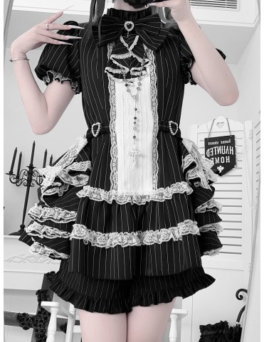 Ensemble gothique élégant noir à rayures : robe à manches bouffantes a