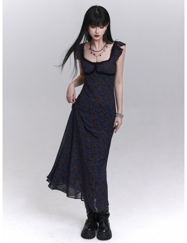 Robe noire gothique trapèze sans manches avec imprimé papillon bleu et