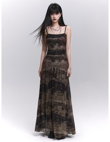 Robe trapèze gothique tie-dye noir et marron avec taille cintrée