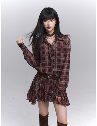 Robe chemise écossaise rouge gothique doublée avec ceinture marron en