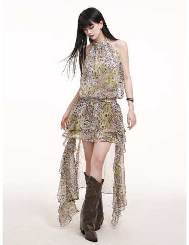 Robe léopard punk à col halter et ourlet asymétrique