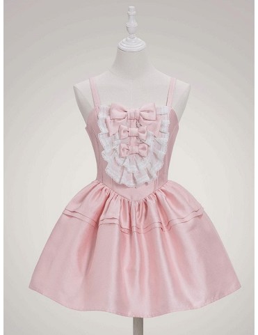Robe Lolita Basque Rose à Superposition de Nœuds et Détails en Dentell