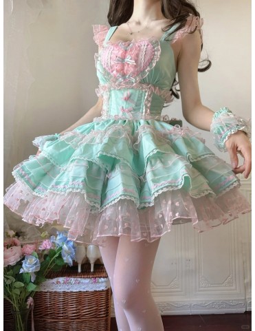 Robe Lolita à pois cœur rose, à volants et menthe