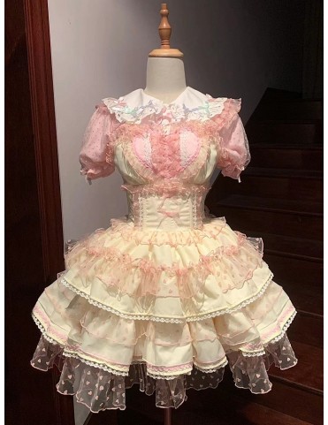 Robe Lolita jaune à pois cœur et volants