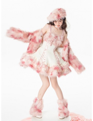Robe Lolita Rose Douce avec Fausse Fourrure + Manteau Pelucheux d'Hive