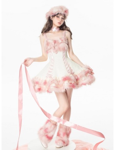 Robe Lolita Hivernale Rose avec Lacets et Volants