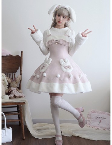 Robe de Noël Lolita Lapin Hivernal Rose avec Col et Ourlet en Peluche