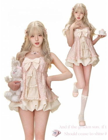 Robe rose et abricot à gros nœud et imprimé floral