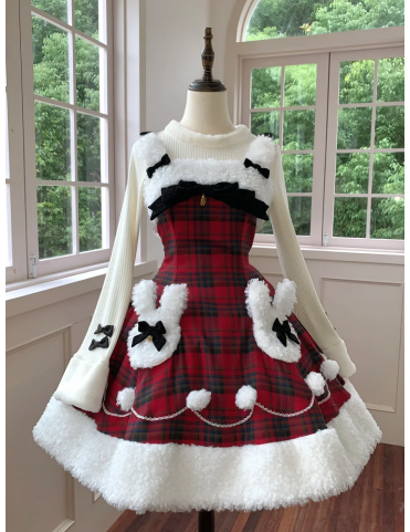 Robe Lolita Hivernale à Carreaux Rouges Thème Lapin