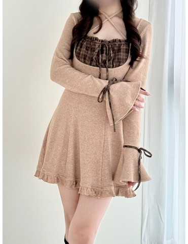 Robe tricot Seiso Style Jirai : carreaux kaki et poignets évasés