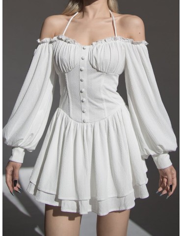 Robe blanche vintage à épaules dénudées avec manches évêque et jupe à
