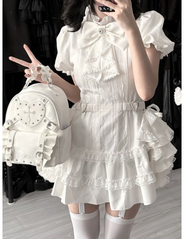 Ensemble gothique blanc Jirai Kei : Robe à manches bouffantes et traîn