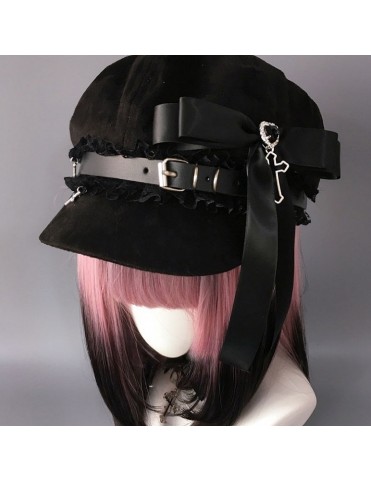 Béret noir/bleu de style Jirai Kei avec nœud et breloque en croix