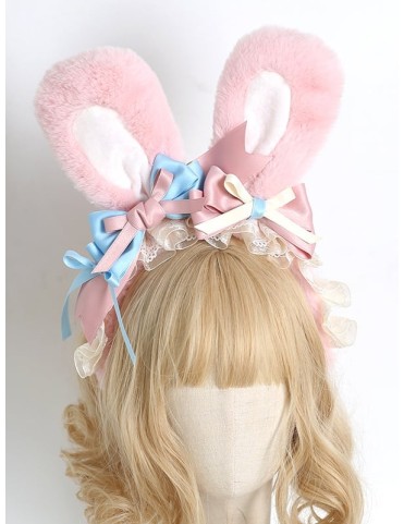 Jolie coiffe Lolita rose et bleue avec nœuds et oreilles de lapin en p