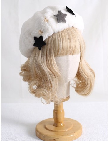 Béret blanc en peluche Lolita avec décorations étoiles grises et noire