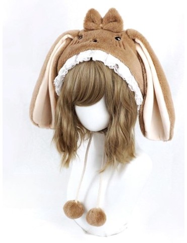 Chapeau en peluche avec oreilles de lapin, dentelle et pompon