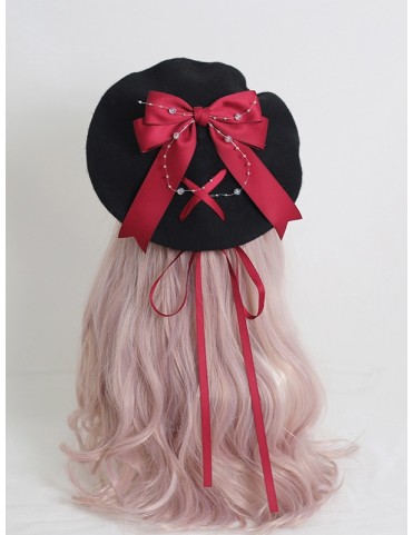 Béret noir Lolita avec ruban nœud rouge foncé / noir
