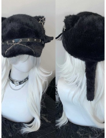 Béret en peluche avec oreilles de chat et chaîne punk