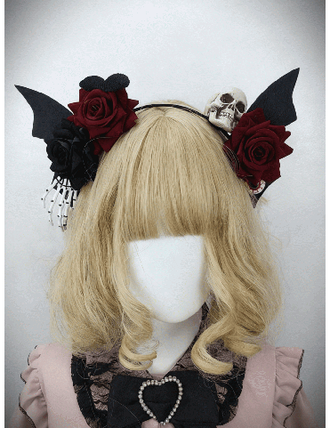 Ailes noires gothiques, rose et crâne avec voile détachable