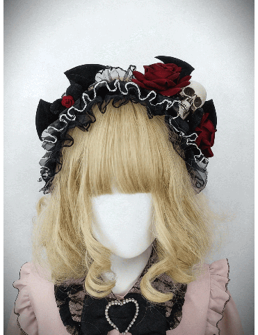 Rose gothique rouge & crâne, dentelle noire KC + voile amovible