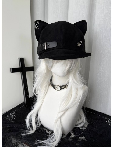 Béret noir de style otaku japonais avec oreilles de chat et sangle en