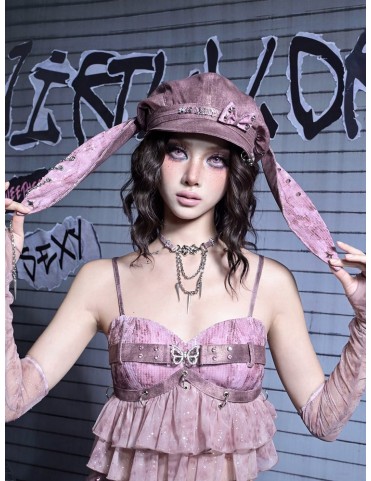 Béret Y2K Pastel Punk à Sequins avec Noeud et Chaîne