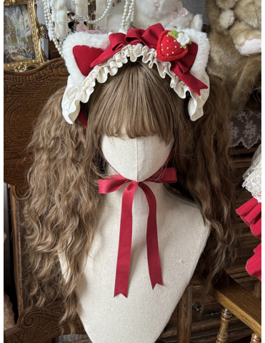 Serre-tête en peluche adorable avec oreilles de chat et fraises