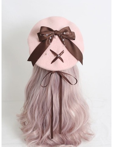 Béret rose Sweet Lolita avec ruban à nœud (4 couleurs)