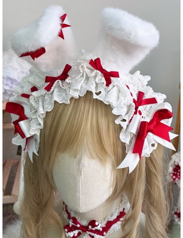 Serre-tête en dentelle avec oreilles de lapin duveteuses, blanc et rou