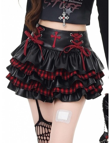Mini-jupe punk à carreaux noirs et rouges avec laçage croisé