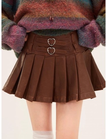 Minijupe plissée marron en PU Millard avec boucles en forme de cœur