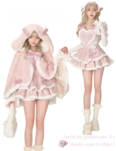 Jupe superposée rose à salopette avec broderie de lapin et cœur