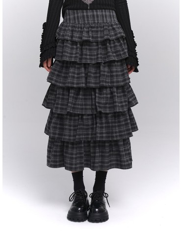 Jupe midi gothique à carreaux noirs et gris